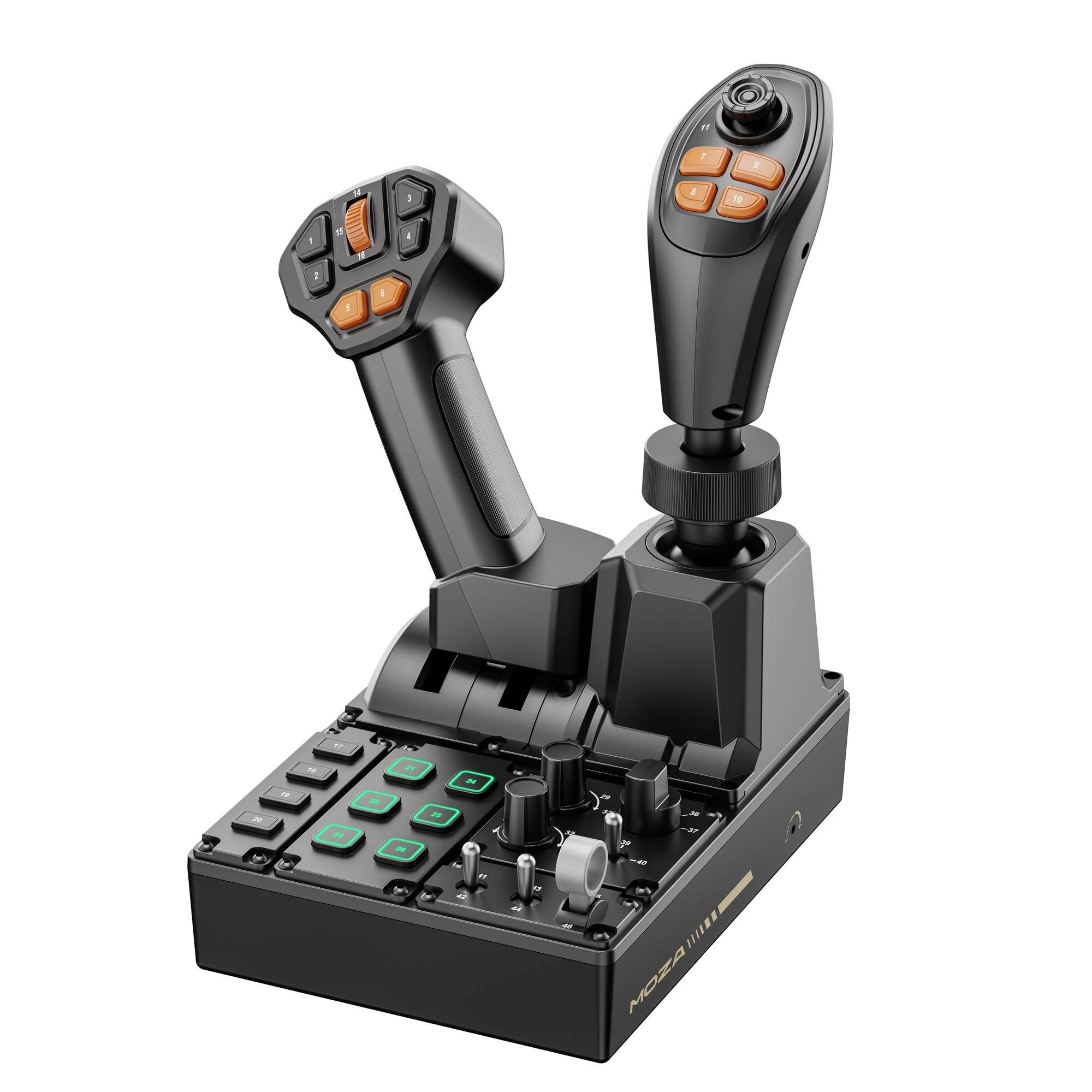 Joystick per simulatore di volo nero e controller dell'acceleratore con più pulsanti, manopole e interruttori su una base.