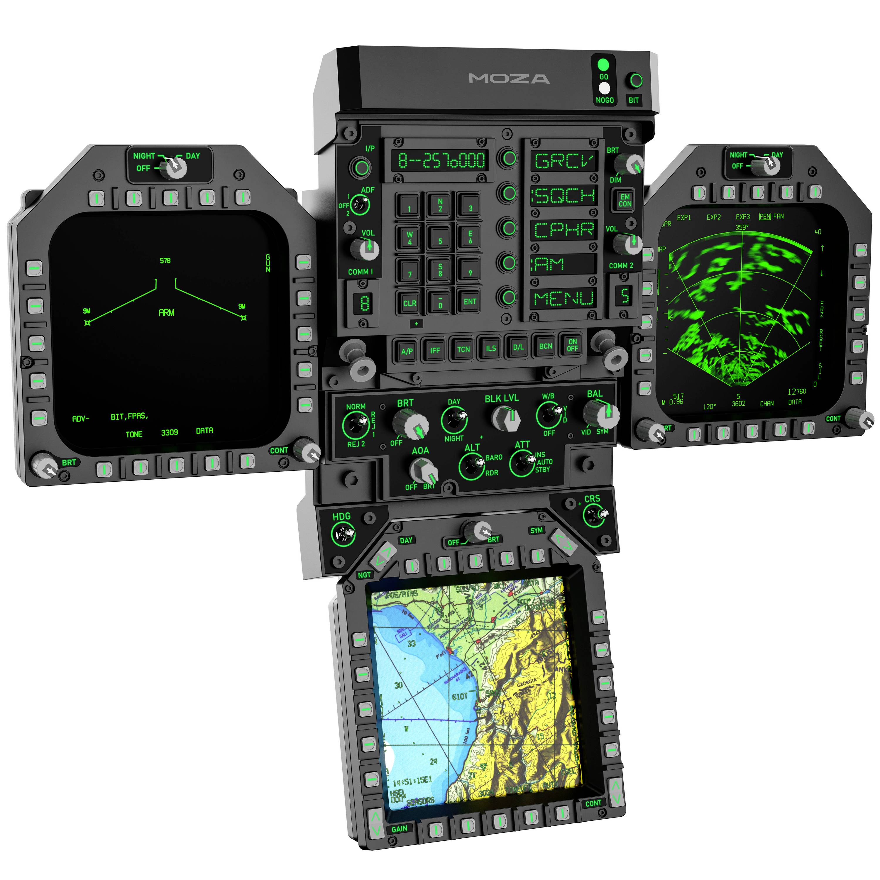 Unità di visualizzazione della cabina di pilotaggio in stile aereo con pannello multiplo, tastierino centrale, strumenti di misurazione e quattro schermi che mostrano informazioni di navigazione, radar e mappe.