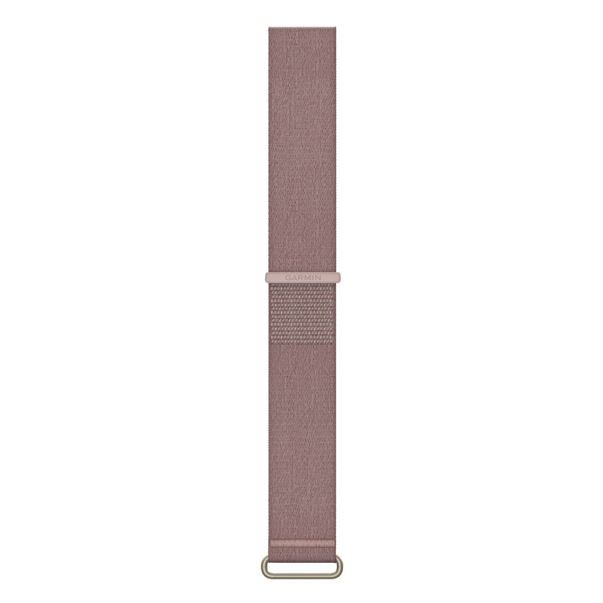 Cinturino per orologio in tessuto intrecciato rosa polveroso con fibbia in metallo e dettaglio di chiusura strutturata, mostrato su sfondo bianco.