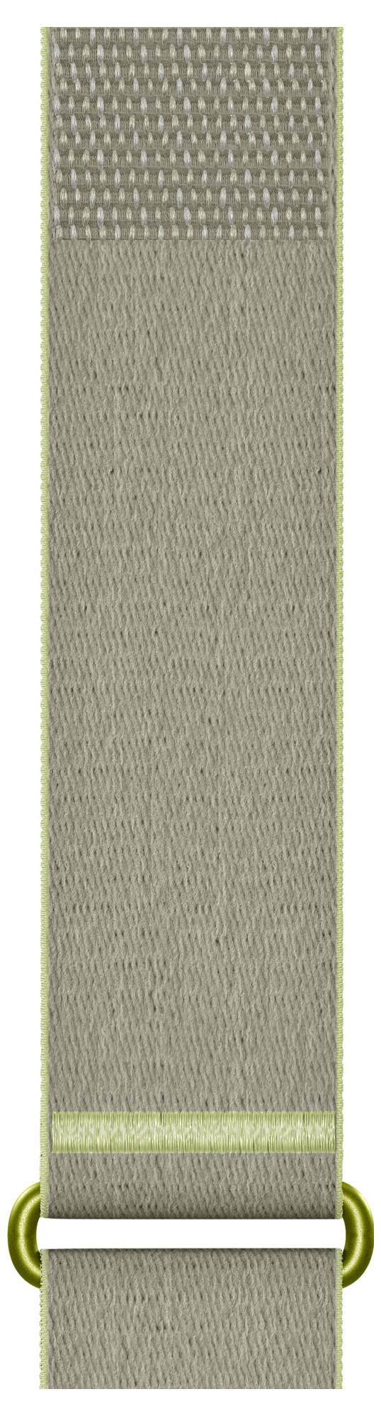 Cinghia tessile intrecciata verticale beige con una sezione superiore strutturata, una stretta banda verde chiaro vicino al fondo, e una fibbia bianca con anelli oliva attraverso l'estremità inferiore.