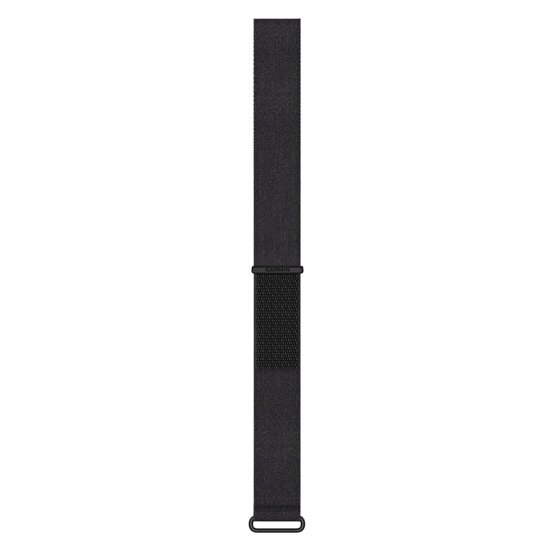 Cinghia in nylon nero regolabile con fibbia rettangolare in metallo, mostrata verticalmente su sfondo bianco.