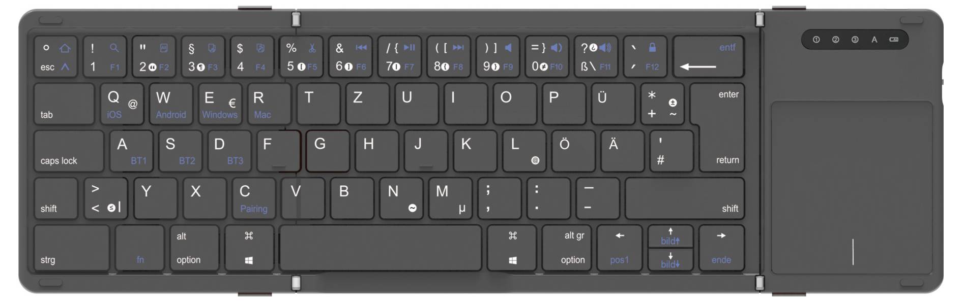 Tastiera wireless ergonomica divisa con cerniera centrale, layout compatto e trackpad integrato sul lato destro