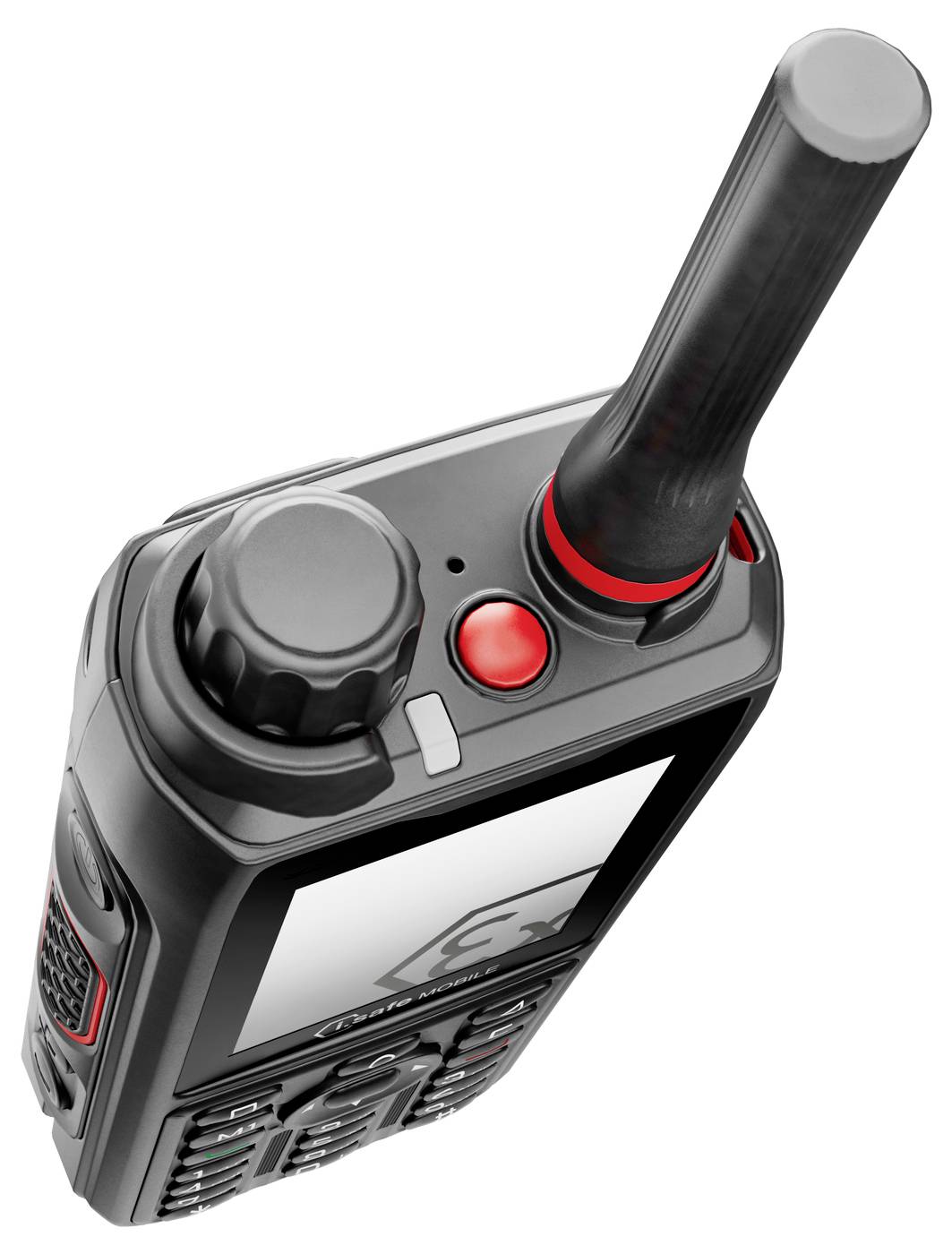 Walkie-talkie con antenna, grande manopola rotante e pulsante rosso, rappresentato da una prospettiva obliqua dall'alto su sfondo bianco.