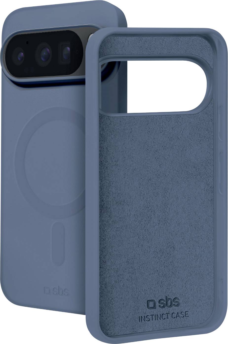 Custodia per smartphone blu mostrata da fronte e retro, con grande ritaglio per la fotocamera e marchio 'sbs INSTINCT CASE'.
