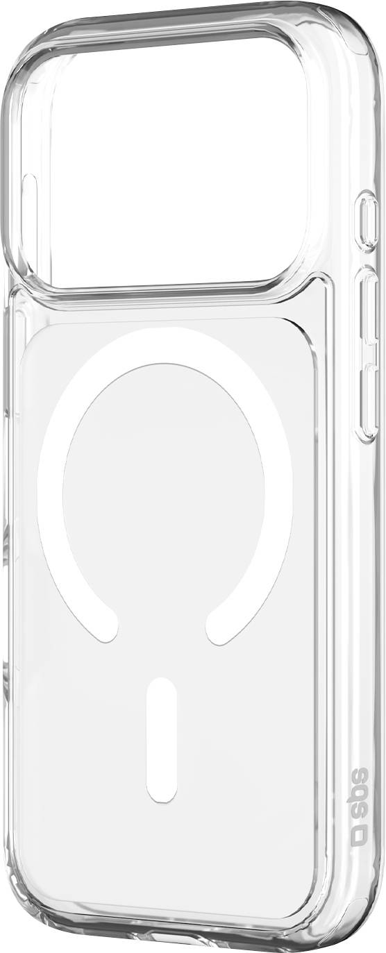 Custodia smartphone trasparente con anello magnetico circolare integrato in stile MagSafe, mostrata davanti e dietro su uno sfondo bianco.