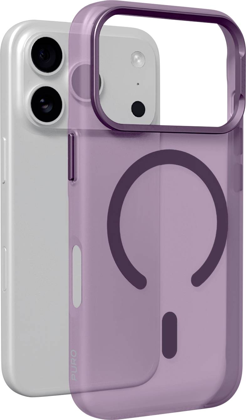 Un iPhone grigio mostrato con una custodia protettiva in stile MagSafe traslucida viola che presenta un grande logo circolare sul retro e un ritaglio fotocamera rialzato.