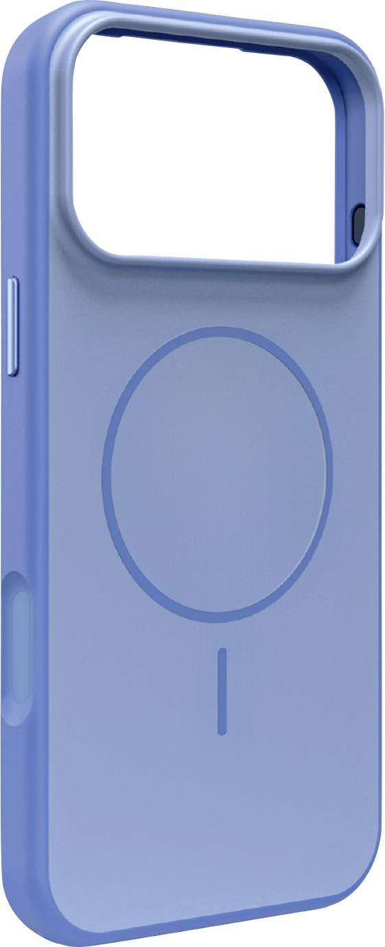 Custodia per smartphone blu con anello di supporto integrato e ampio ritaglio per la fotocamera posteriore, mostrata su sfondo bianco.