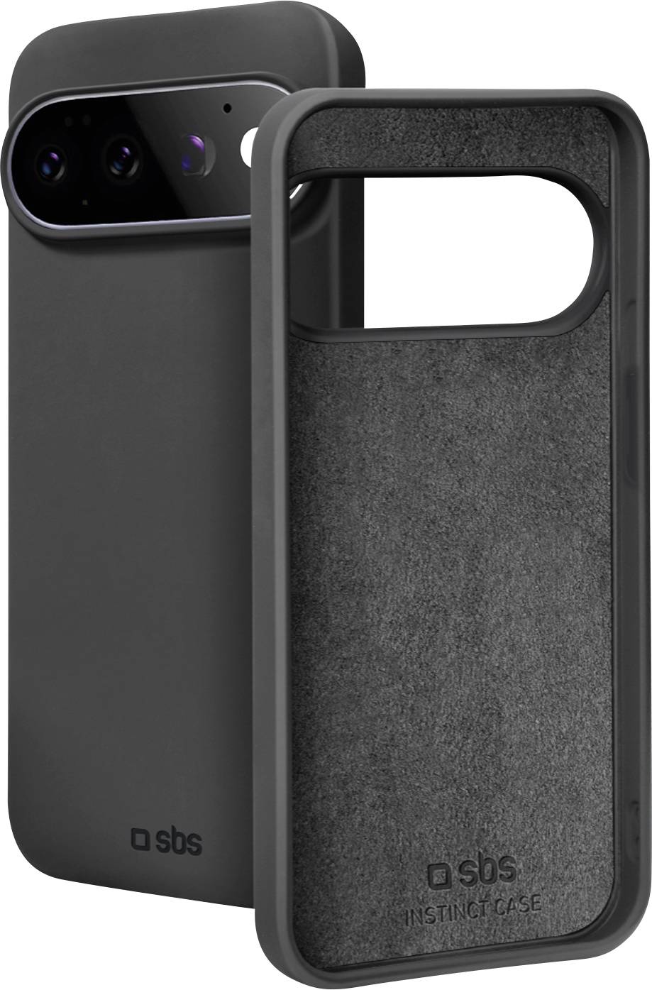 Custodia per smartphone nera mostrata davanti e dietro, con un ampio ritaglio orizzontale per la fotocamera e rivestimento interno testurizzato.