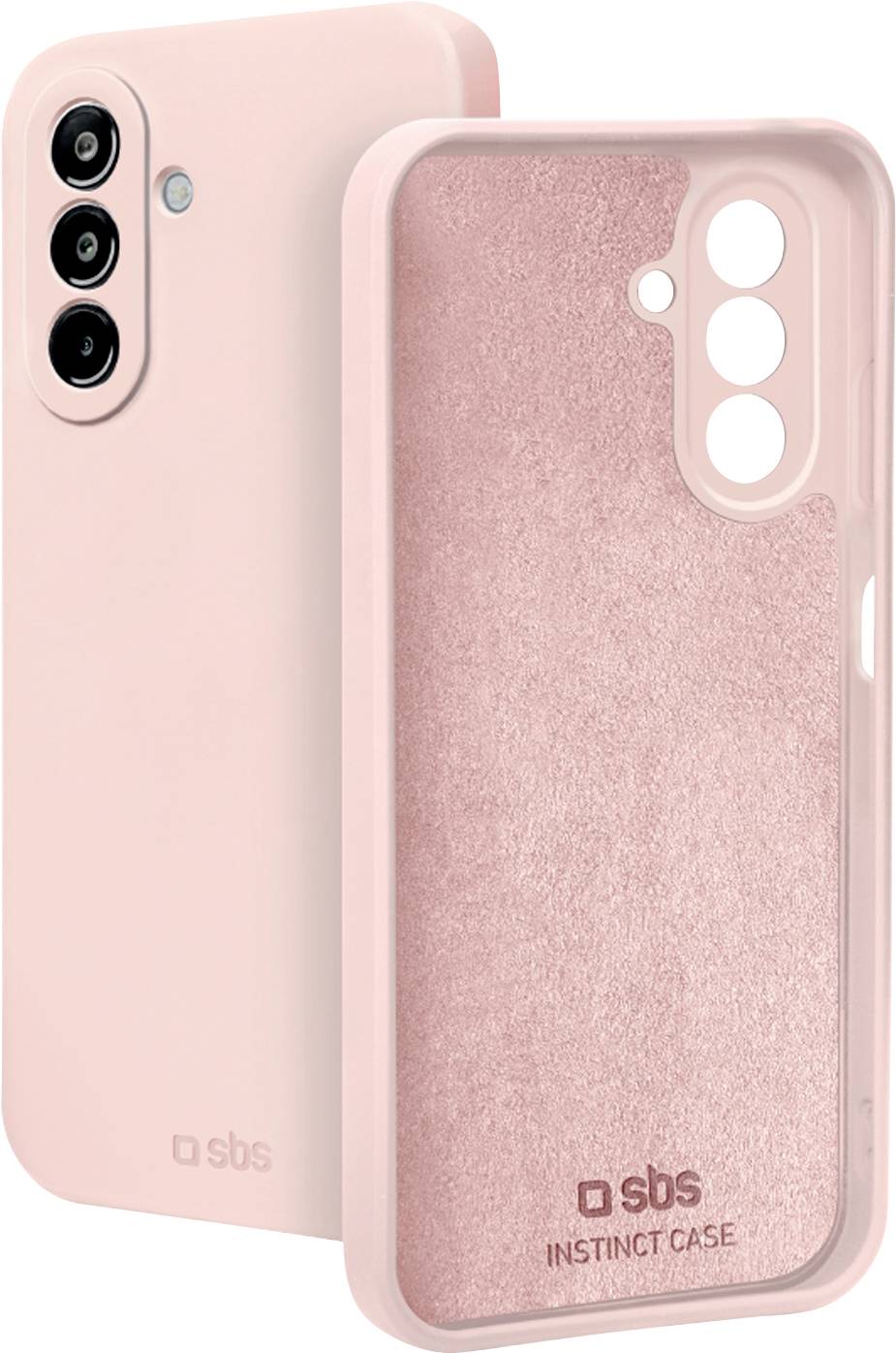 Custodia per smartphone rosa mostrata davanti e dietro, con ritaglio tripla fotocamera e branding "sbs Instinct Case".