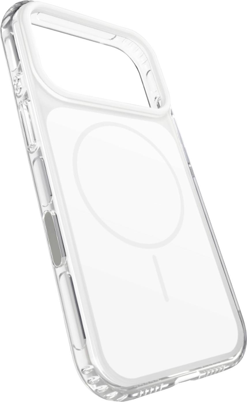 Custodia trasparente per smartphone con anello circolare in stile MagSafe e apertura per la fotocamera, mostrata su sfondo bianco.