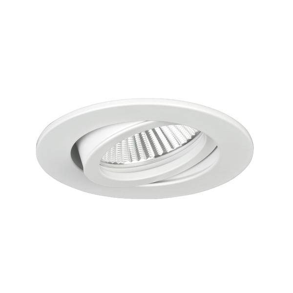 Faretto incasso a soffitto bianco con anello interno regolabile e lampada LED su sfondo bianco.