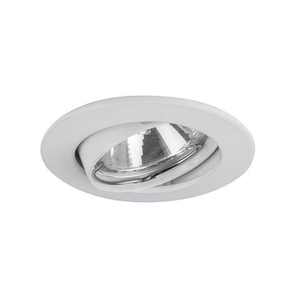 Faretto da incasso a soffitto rotondo con cornice bianca e riflettore in cromato regolabile.