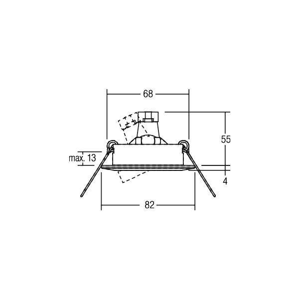 Disegno tecnico di una plafoniera a incasso con inclinazione regolabile, mostrante le dimensioni 68, 82, 55, max. 13 e 4.