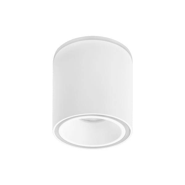 Fixture per illuminazione a soffitto cilindrico bianco visto dal basso su uno sfondo bianco semplice.