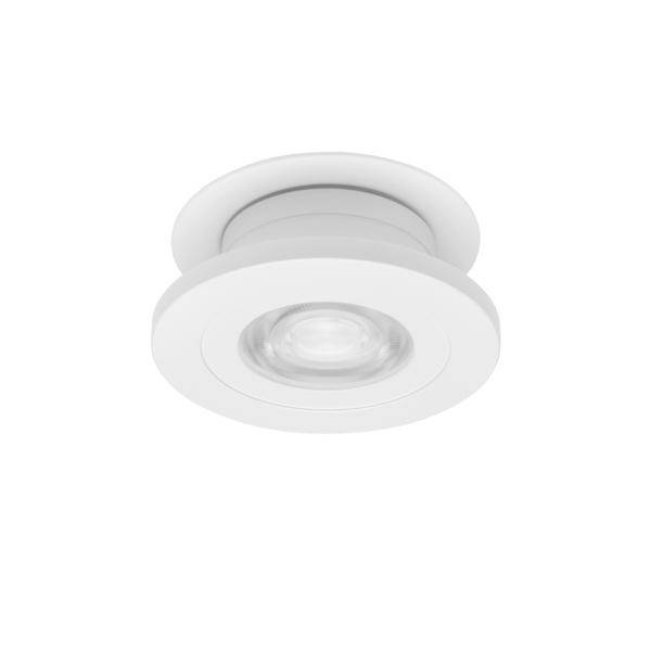 Apparecchio di illuminazione da incasso a soffitto bianco con cornice circolare e lente centrale su sfondo bianco neutro