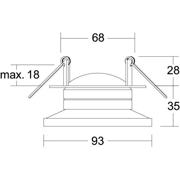 Disegno tecnico in vista di una plafoniera incasso con clip a molla, etichettata 68, 93, 28, 35 e max. 18.