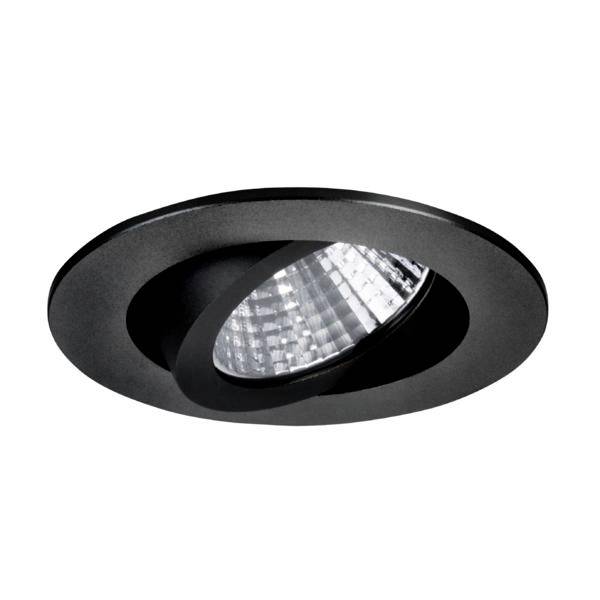 Faretto da incasso a soffitto nero orientabile con lampada riflettente inclinata all'interno di una cornice rotonda.