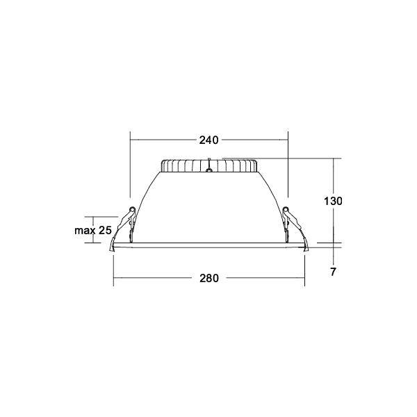 Disegno tecnico quotato di una plafoniera a forma di cupola, che mostra larghezza 240, base 280, altezza 130, spazio libero massimo 25 e profondità 7.