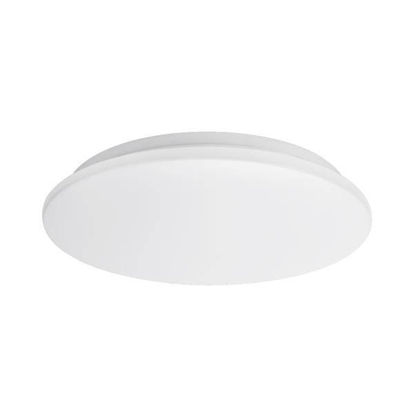 Plafoniera rotonda bianca a incasso con diffusore liscio e piatto su sfondo bianco.