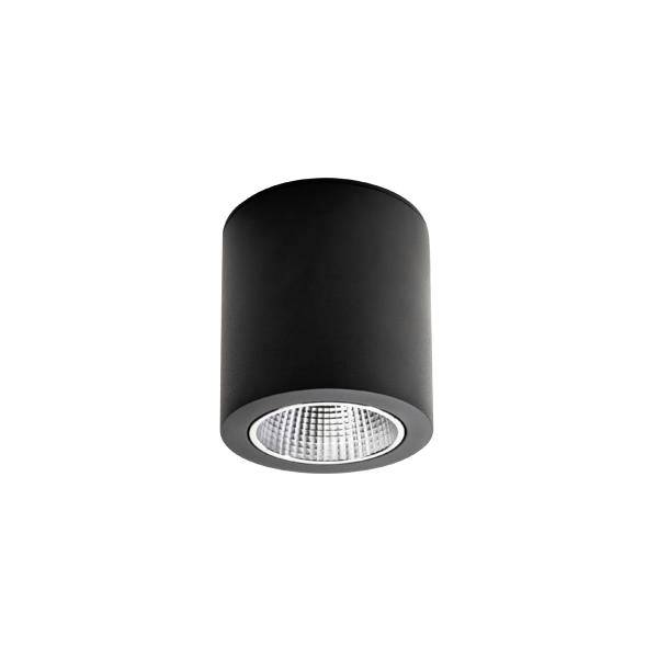 Faretto da soffitto cilindrico nero con riflettore argentato incassato, mostrato su sfondo bianco.