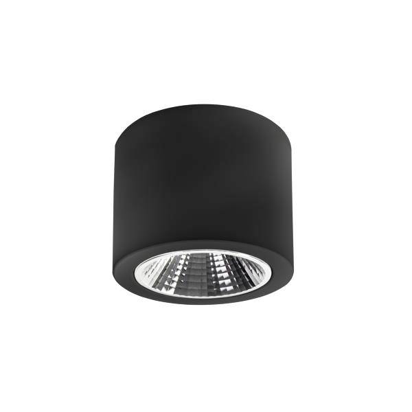 Faretto cilindrico nero da soffitto con apertura luce incassata riflettente, mostrato su sfondo bianco.