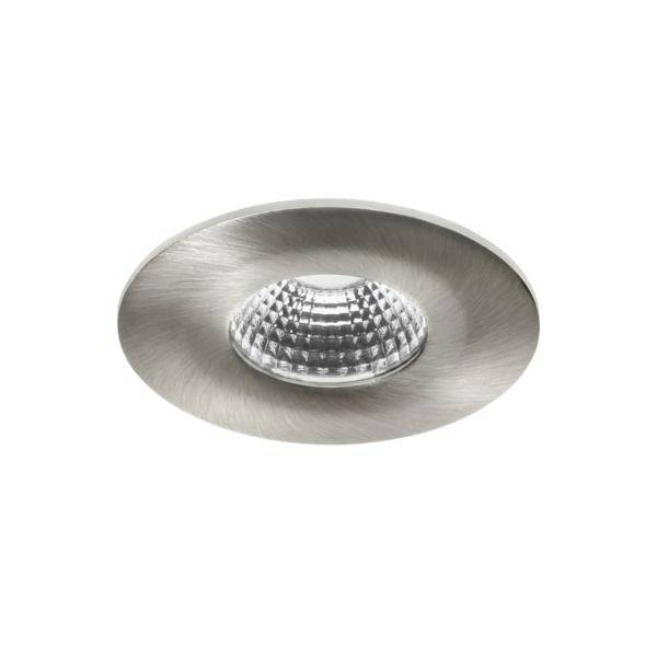 Plafoniera da incasso in metallo spazzolato rotonda su sfondo bianco.