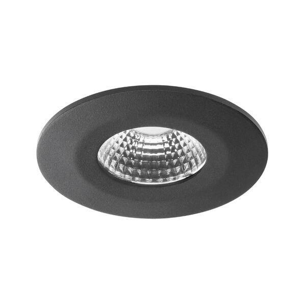 Faretto LED incassato nero con cornice rotonda e riflettore sfaccettato, mostrato su sfondo bianco.