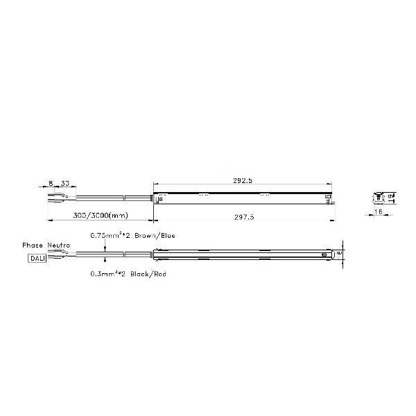 Disegno tecnico di un cavo/connettore di illuminazione DALI con fili di fase e neutro, dimensioni etichettate 292,5 mm e 297,5 mm, e sezioni di cavo 0,75 mm² e 0,3 mm².