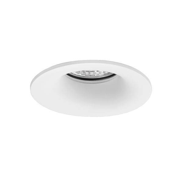 Faretto da incasso a soffitto bianco con cornice circolare e apertura per lampadina visibile
