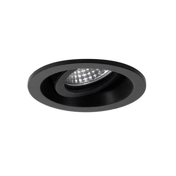Faretto da incasso per soffitto colore nero con anello di finitura rotondo regolabile e lente LED visibile su sfondo bianco