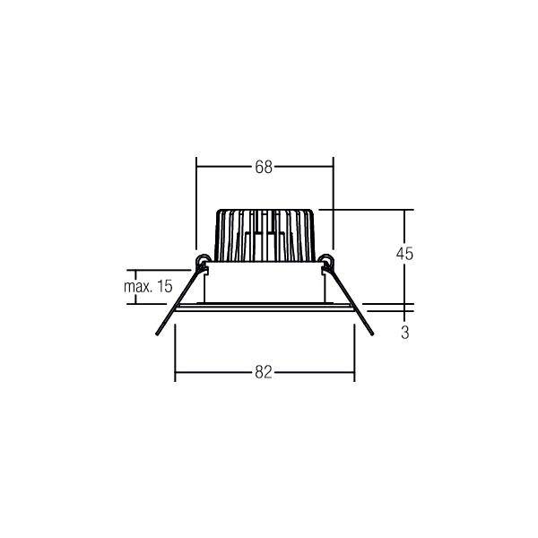 Disegno tecnico di una lampada da incasso con dimensioni: 68 larghezza, 82 larghezza base, 45 altezza, massimo 15 angolo laterale, 3 spazio libero inferiore.