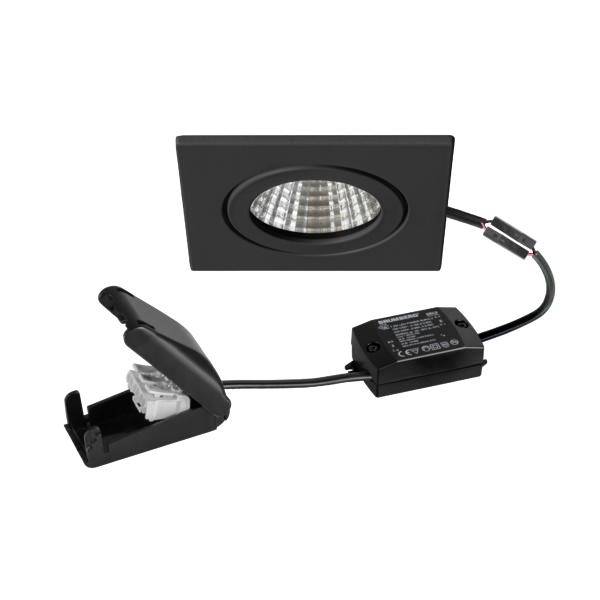 Apparecchio LED incassato nero con driver e clip a molla, mostrato con cablaggio su sfondo bianco.