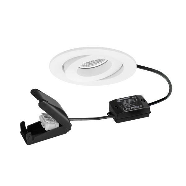 Faretto LED da incasso bianco con driver integrato, clip di montaggio nera e cavo di alimentazione su sfondo bianco.