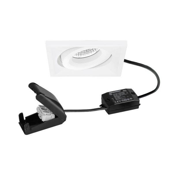 Kit faretto LED da incasso bianco con cornice quadrata, driver collegato e montaggio a molla su sfondo bianco.