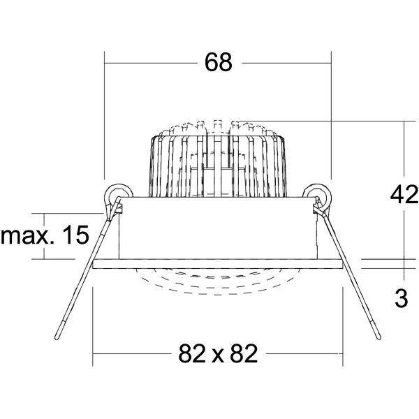 Disegno tecnico di una plafoniera incassata con clip a molla, che mostra le dimensioni 68, 42, max. 15, 3 e 82 x 82.