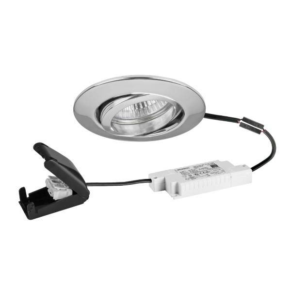 Faretto da incasso rotondo cromato con lampadina, collegato a un driver bianco e staffa di montaggio nera su sfondo bianco.