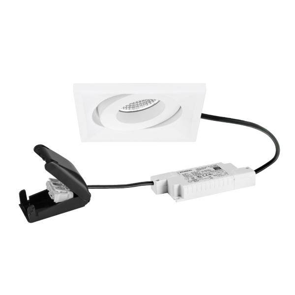 Kit di faretti LED da incasso bianchi con trim quadrato, driver e clip a molla mostrato su sfondo bianco.
