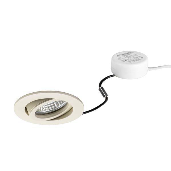 Faretto LED incassato rotondo con driver collegato e cablaggio su sfondo bianco