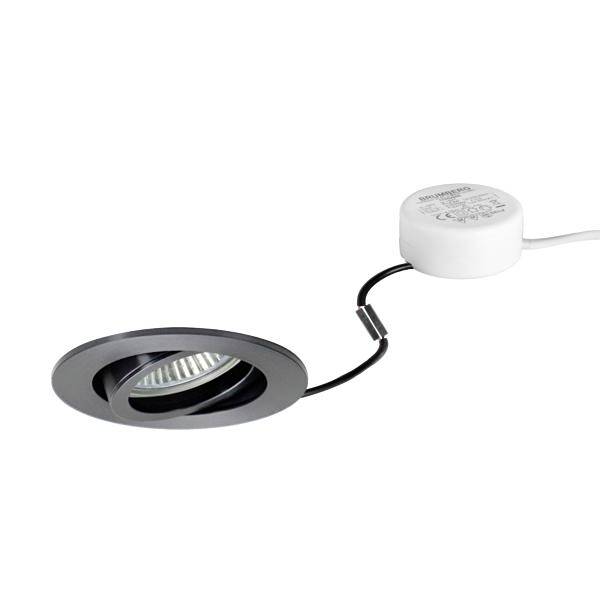 Faretto LED incassato rotondo con driver integrato e cablaggio su sfondo bianco