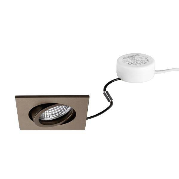 Lampada da incasso quadrata con LED e driver bianco collegato su sfondo bianco.