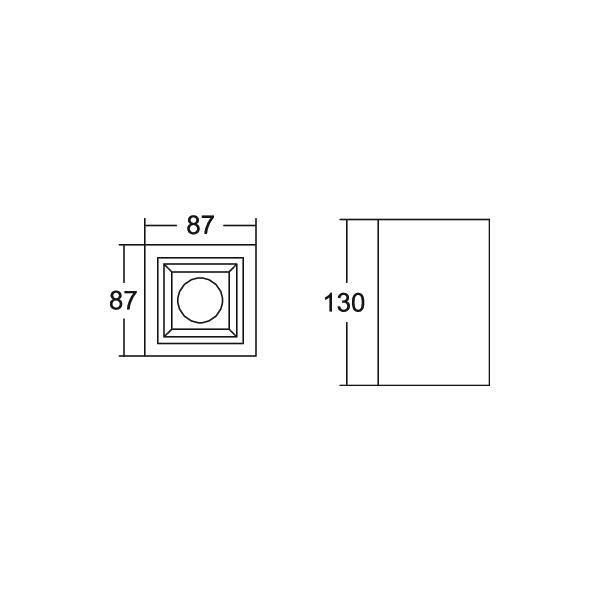 Disegno tecnico di un componente quadrato, 87 per 87 di larghezza e 130 di altezza, mostrato in viste frontale e laterale con una caratteristica circolare centrata sulla parte anteriore.