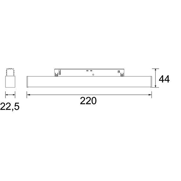 Disegno tecnico dimensionato di una lampada rettangolare: 220 di lunghezza, 44 di altezza e 22,5 di profondità, mostrato in viste laterale e frontale.
