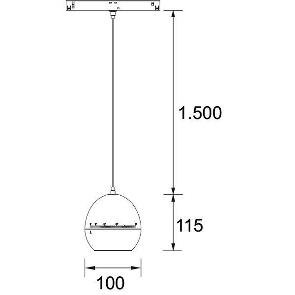 Disegno tecnico di una lampada a sospensione con dimensioni: 1.500 altezza, 115 caduta verso il dispositivo, e 100 larghezza al paralume.