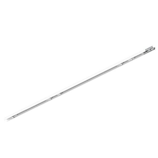 Barra luminosa LED lineare in argento lungo mostrata diagonalmente su uno sfondo bianco.