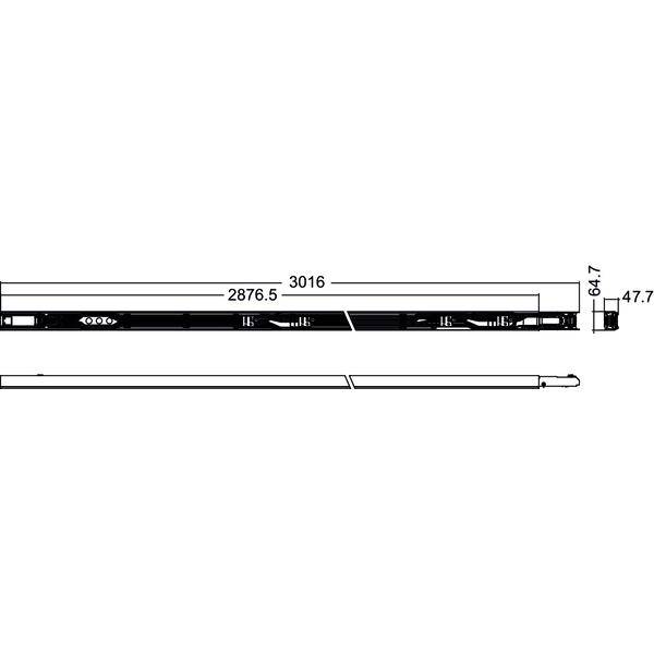 Disegno tecnico di quotatura di una barra lunga o guida, etichettata con lunghezze di 3016 e 2876,5 mm, con una piccola sezione finale contrassegnata 64,7 per 47,7 mm.