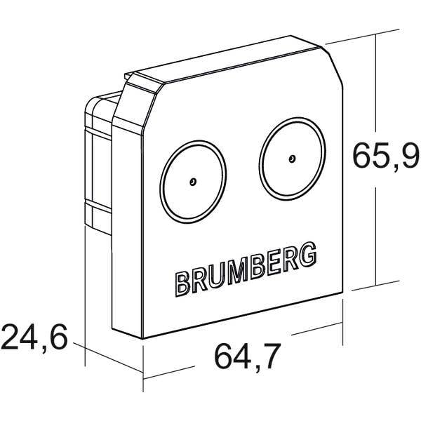 Disegno tecnico di una lampada da parete Brumberg con due lenti luminose circolari; le dimensioni indicate sono 64,7 di larghezza, 65,9 di altezza e 24,6 di profondità.