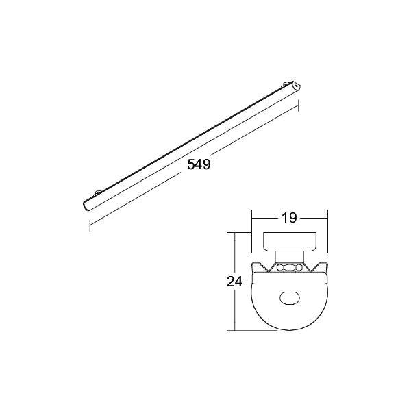 Disegno tecnico di una barra o maniglia, lunga 549 mm, con sezione trasversale che mostra una larghezza di 19 mm e un'altezza di 24 mm.