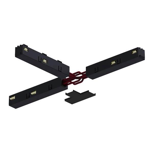 Quattro moduli connettori rettangolari neri collegati da cavi rossi, disposti a forma di X, con un piccolo pezzo di montaggio nero sottostante.