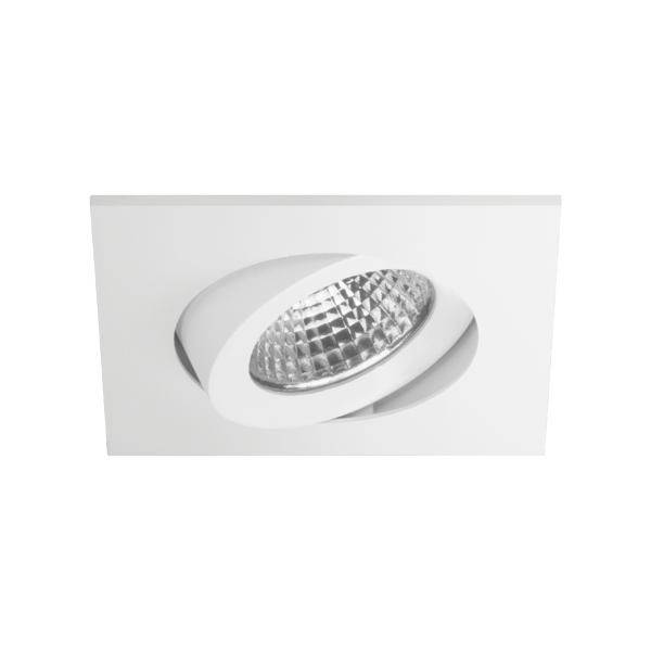 Faretto da incasso a soffitto bianco con lampada LED circolare angolata e lente riflettente in un alloggiamento rettangolare.