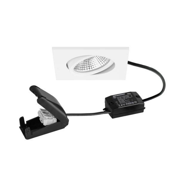 Faretto LED incassato con driver separato e connettore a clip nero, mostrato su sfondo bianco.